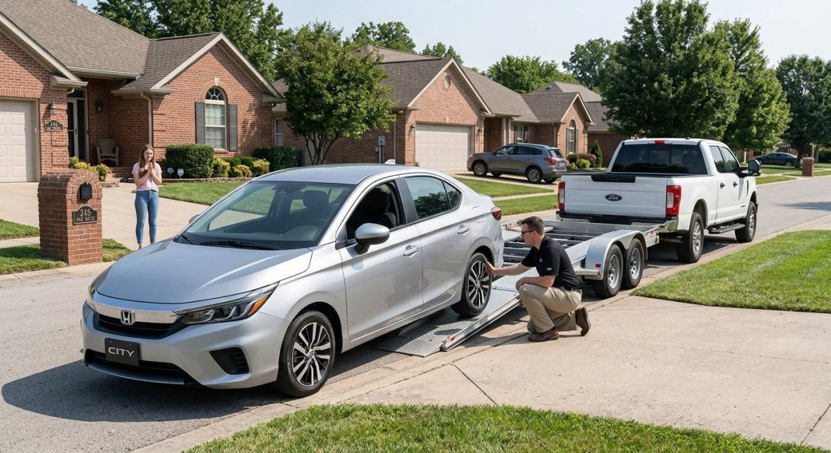 Illustration of a car being loaded onto a car carrier at a residential curb