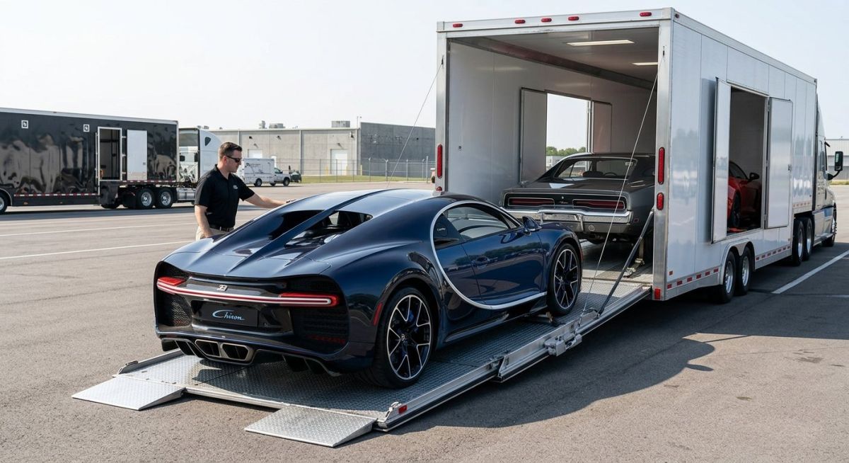 Illustration of a sports car on an enclosed transport trailer