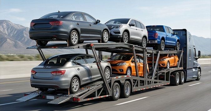 Illustration of an open multi-car carrier truck loaded with sedans and SUVs on a highway