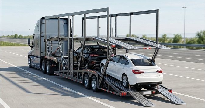 Illustration of a vehicle being driven onto the ramps of an open car carrier